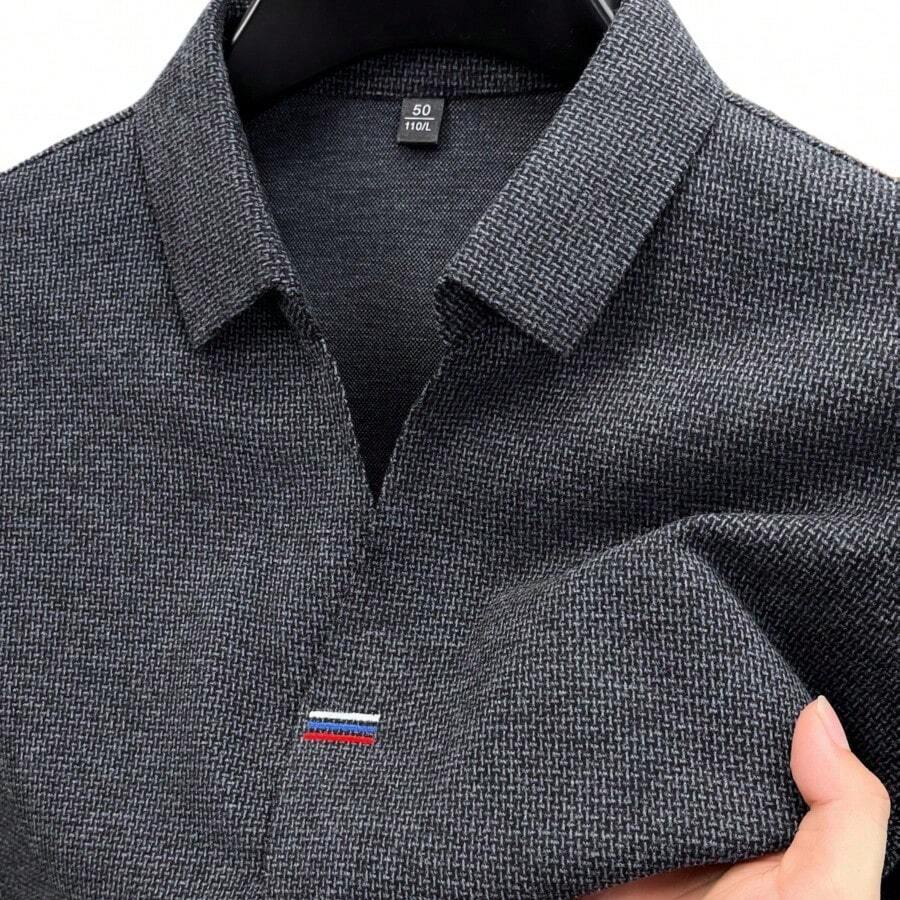 Polo Shirt Equestrian - メンズ長袖シャツ、刺繍ストライプ、フェイクプラケットカラー、通気性のあるボタンフロント、カジュアルゴルフ、乗馬用