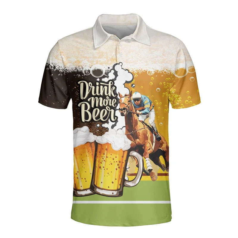 Polo Shirt Equestrian - メンズ半袖ポロシャツ,ハワイアンビールプリント,乗馬植物柄Tシャツ,ラペルトップ,休暇用ビーチシャツ,夏