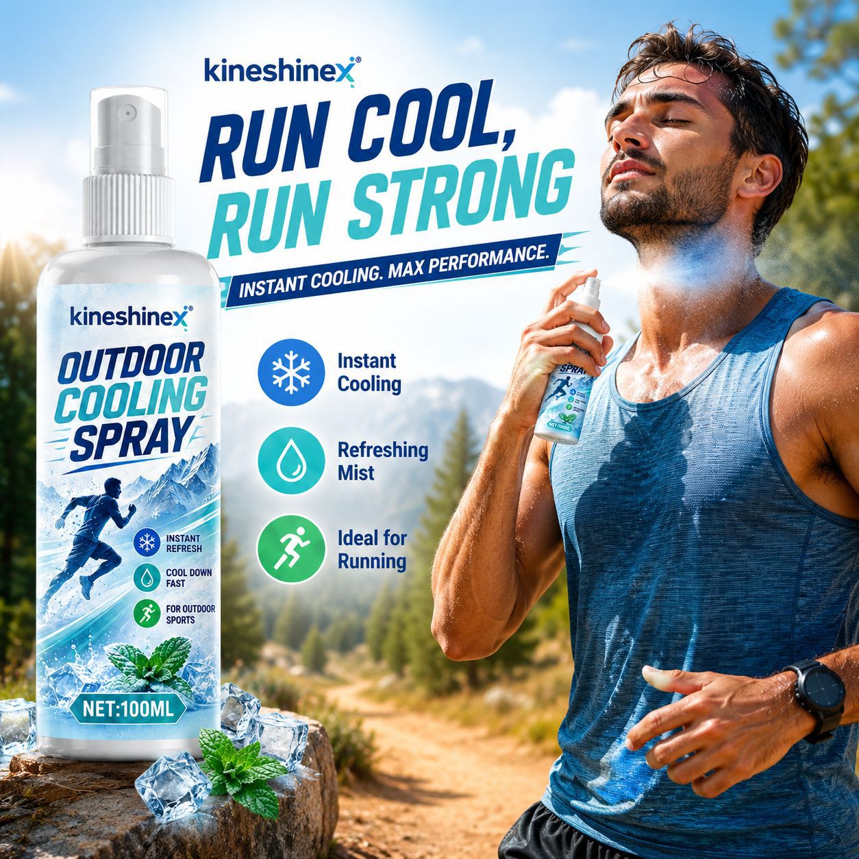 Outdoor Sport Gear - 屋外用冷却スプレー 100ml – ランニング、サイクリング、ハイキング、キャンプに最適な瞬間冷却、微細ミスト冷却ミント配合、暑さを素早く解消